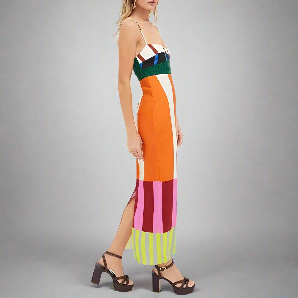 Elegant Contrast Striped Print Strap Dresses Spring V Neck Backless Hollow Long Dress Summer Sleeveless Zip Split Holiday Dress - EcoEase Market