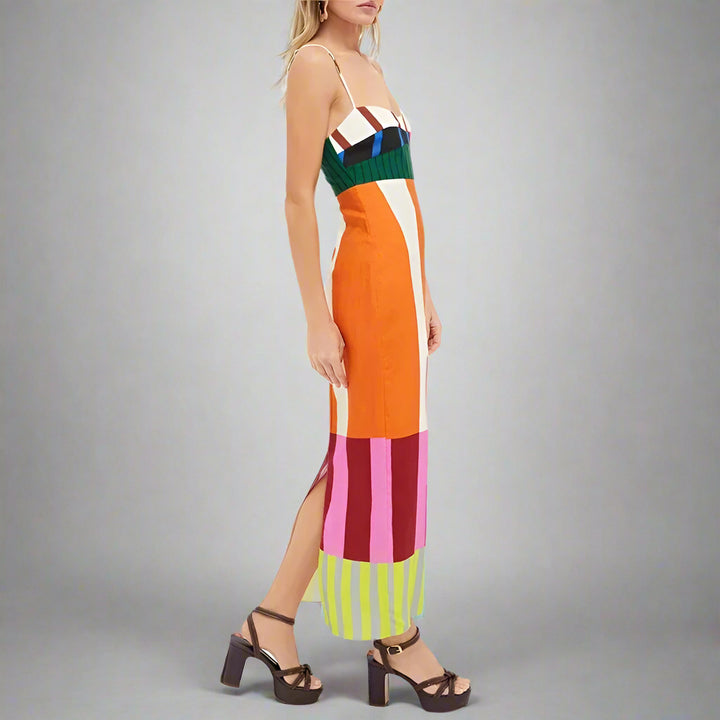Elegant Contrast Striped Print Strap Dresses Spring V Neck Backless Hollow Long Dress Summer Sleeveless Zip Split Holiday Dress - EcoEase Market