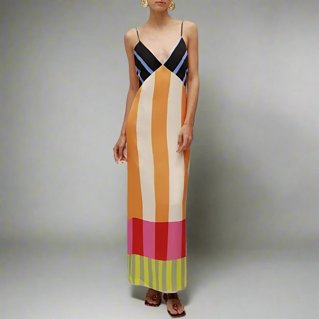 Elegant Contrast Striped Print Strap Dresses Spring V Neck Backless Hollow Long Dress Summer Sleeveless Zip Split Holiday Dress - EcoEase Market