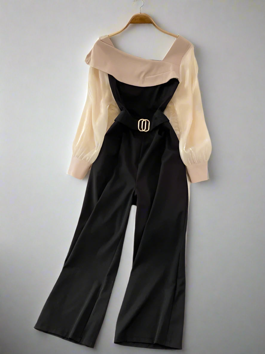 Spring Autumn Elegant Playsuits Women Slim High Waist Patchwork Loose Wide Leg Pants Jumpsuits Long Sleeve Office Romper - EcoEase Market