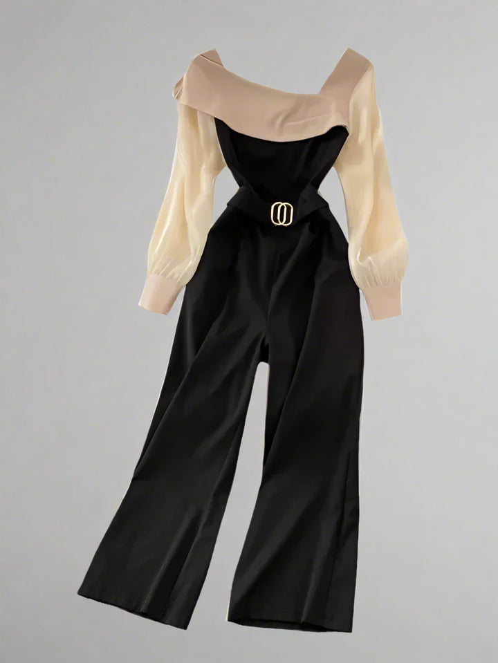 Spring Autumn Elegant Playsuits Women Slim High Waist Patchwork Loose Wide Leg Pants Jumpsuits Long Sleeve Office Romper - EcoEase Market