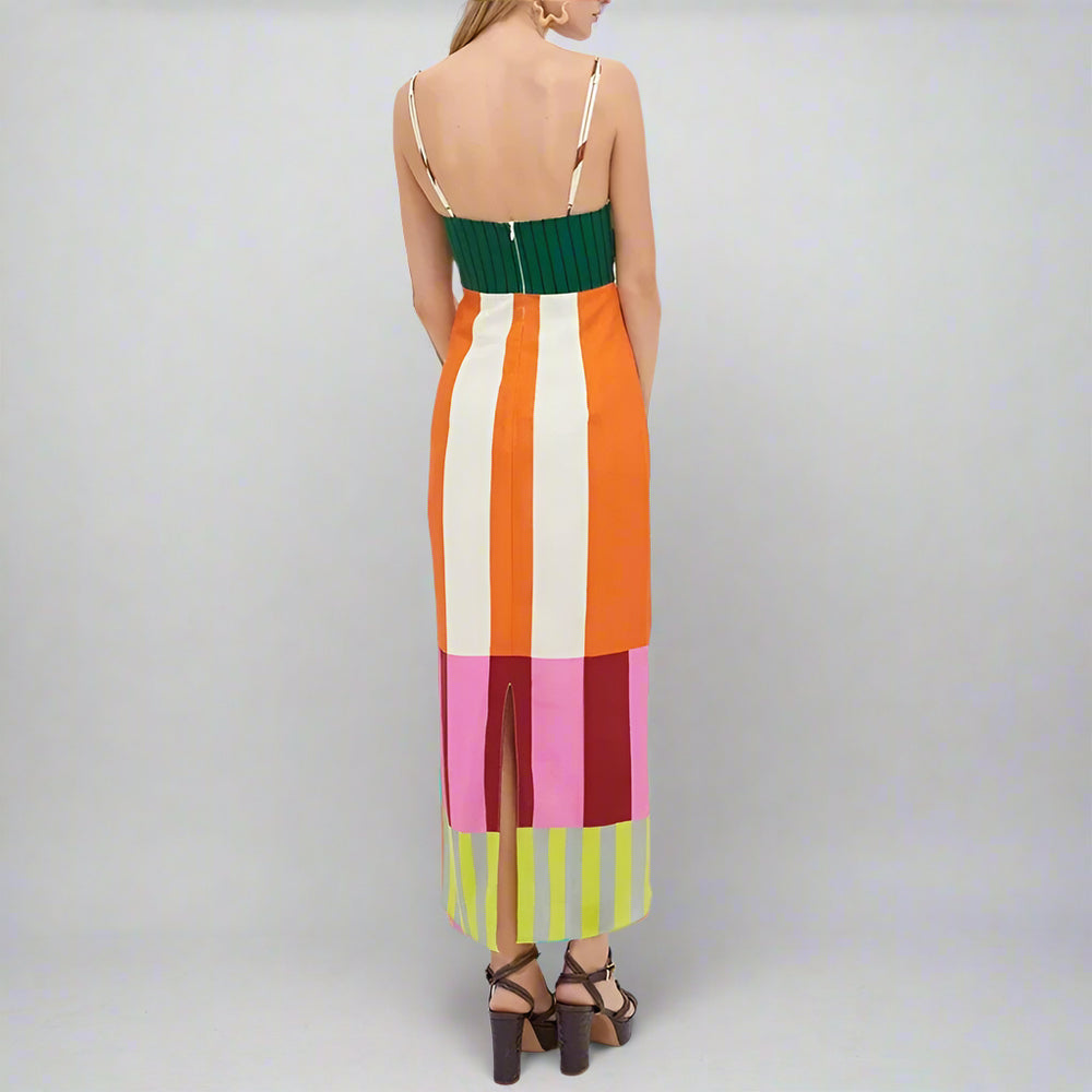 Elegant Contrast Striped Print Strap Dresses Spring V Neck Backless Hollow Long Dress Summer Sleeveless Zip Split Holiday Dress - EcoEase Market
