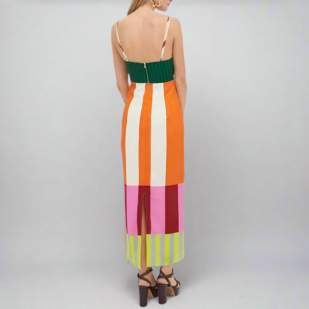 Elegant Contrast Striped Print Strap Dresses Spring V Neck Backless Hollow Long Dress Summer Sleeveless Zip Split Holiday Dress - EcoEase Market