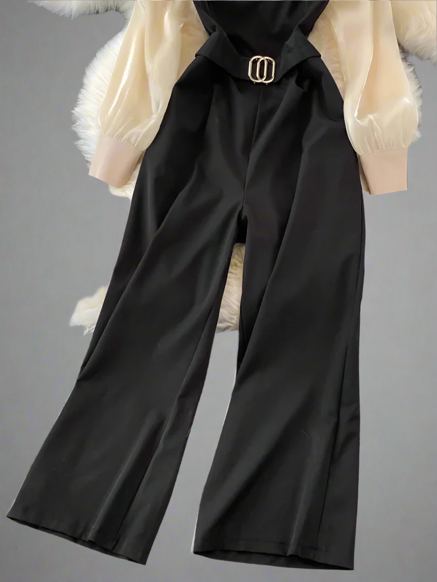 Spring Autumn Elegant Playsuits Women Slim High Waist Patchwork Loose Wide Leg Pants Jumpsuits Long Sleeve Office Romper - EcoEase Market