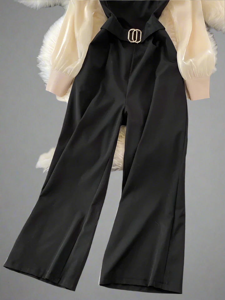 Spring Autumn Elegant Playsuits Women Slim High Waist Patchwork Loose Wide Leg Pants Jumpsuits Long Sleeve Office Romper - EcoEase Market