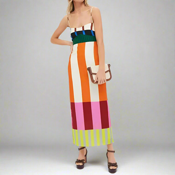 Elegant Contrast Striped Print Strap Dresses Spring V Neck Backless Hollow Long Dress Summer Sleeveless Zip Split Holiday Dress - EcoEase Market